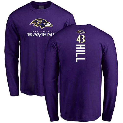 Men Baltimore Ravens Purple Justice Hill Backer NFL Football #43 Long Sleeve T Shirt